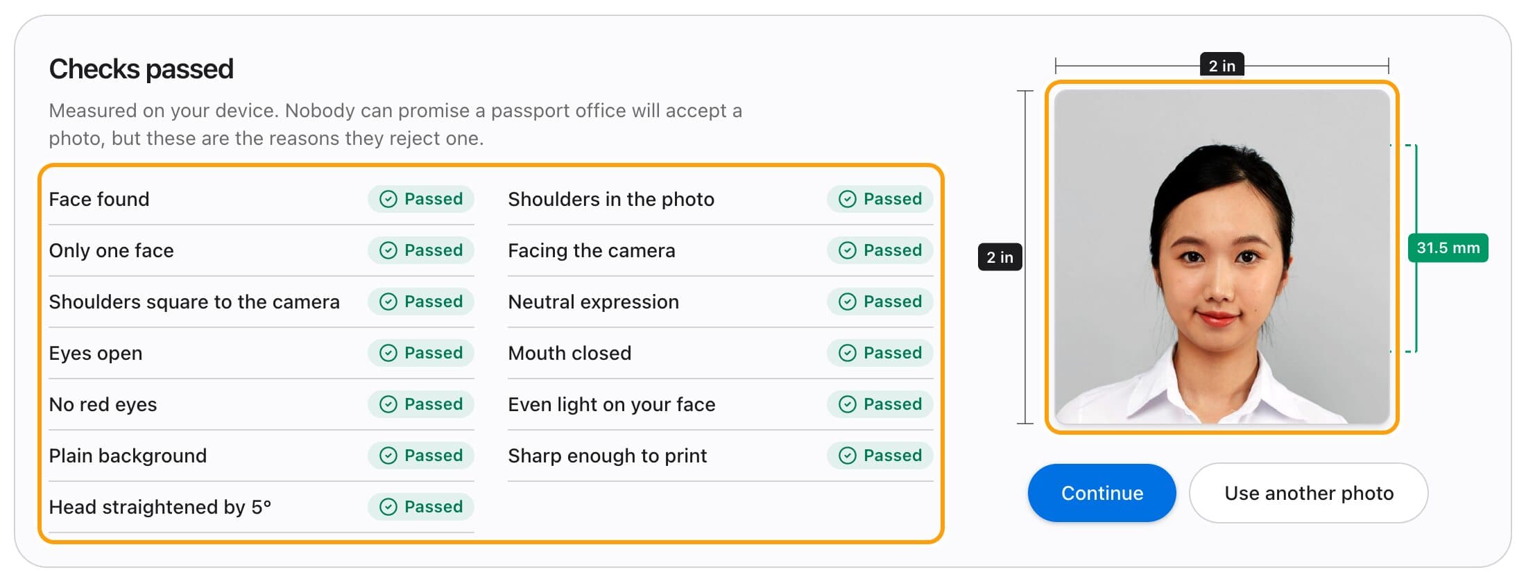 The checks screen for a 2 x 2 inch photo photo, with each check passed and the photo measured in millimetres.