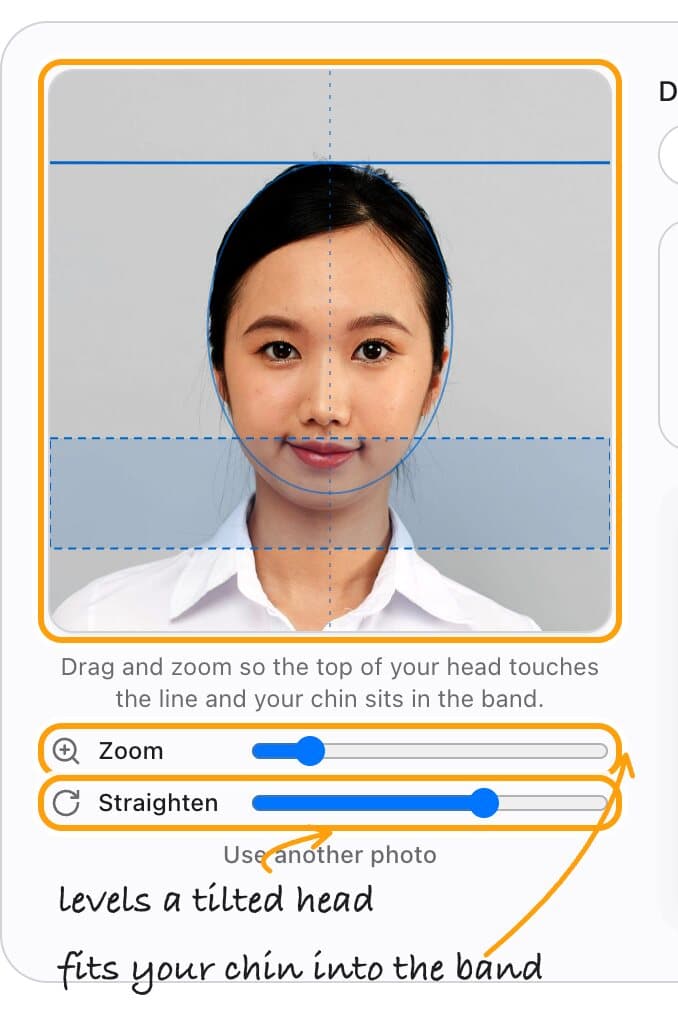 The 2 x 2 inch 2 x 2 inch photo frame with its guides, and the Zoom and Straighten sliders highlighted.