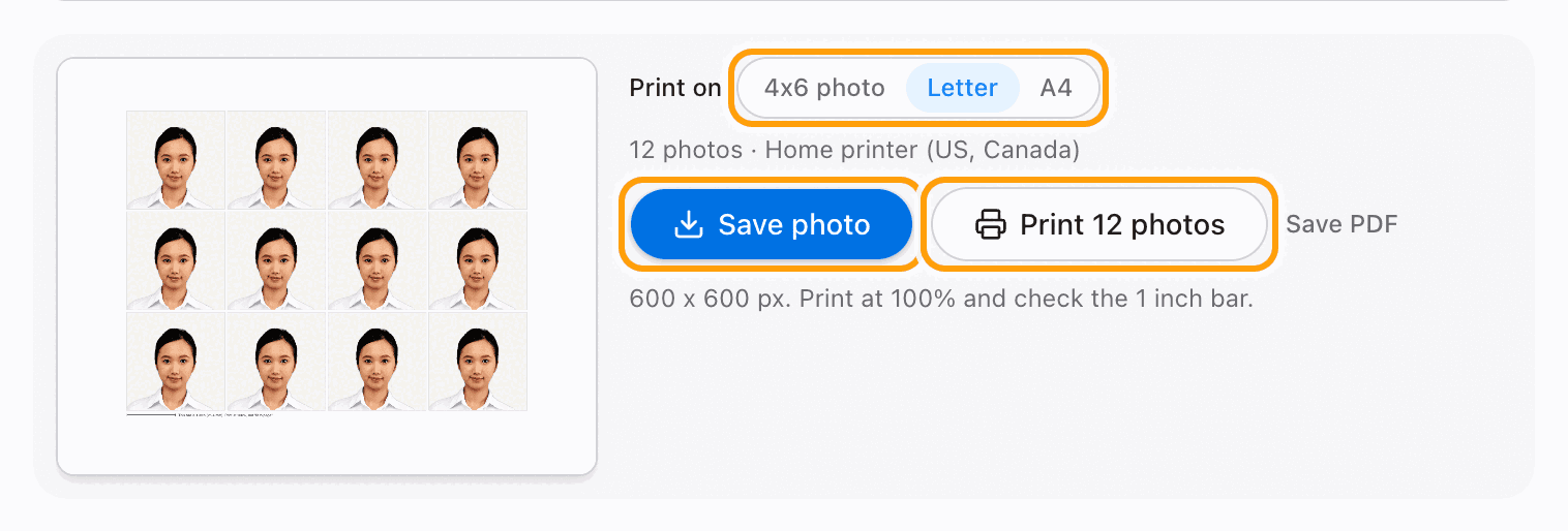 The Save photo and Print buttons highlighted, with the paper choices above them.
