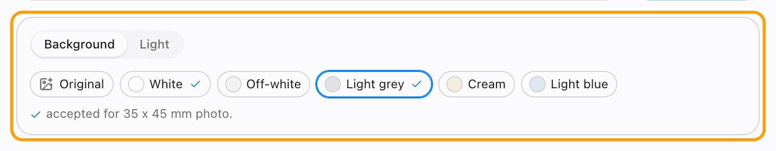 Studio light and the Background picker, with Light grey selected for a 35 x 45 mm photo photo.