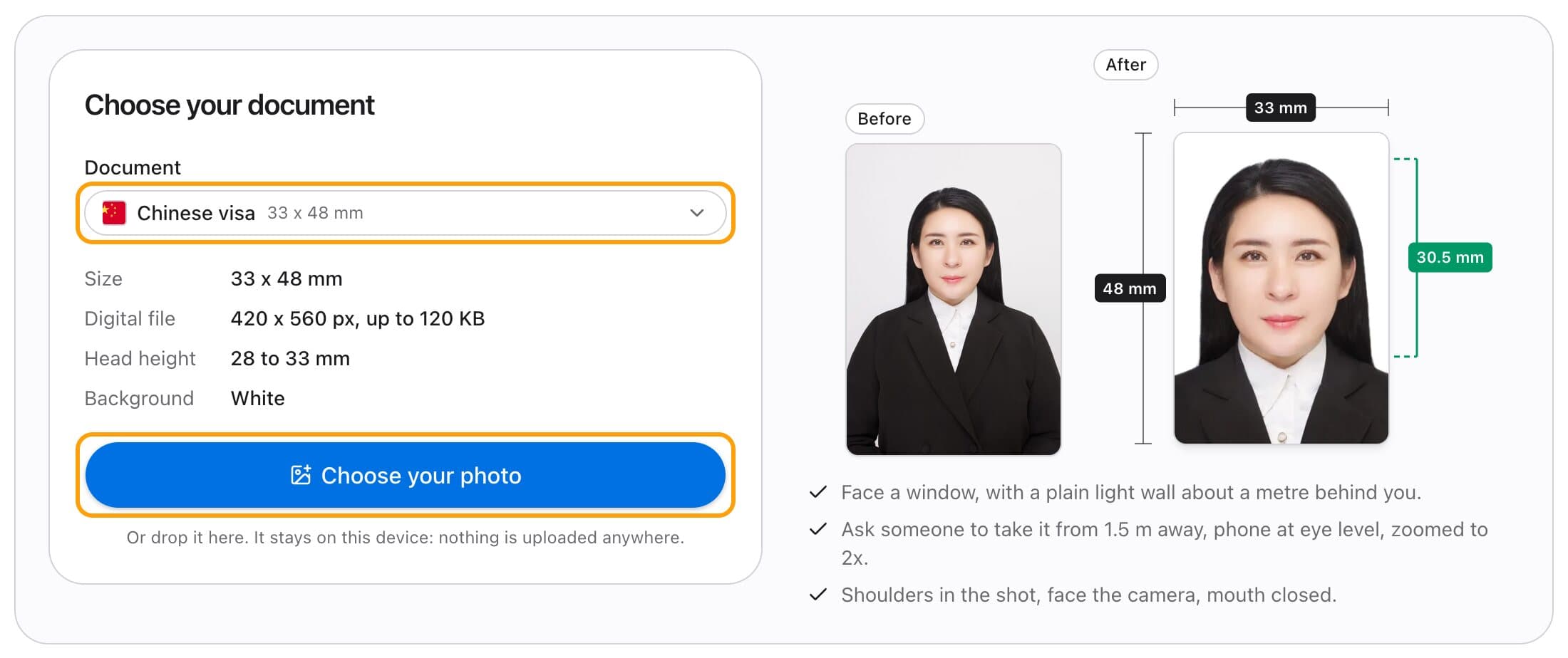 Choosing the Chinese visa document, with its size, head height and background listed and the Choose your photo button highlighted.