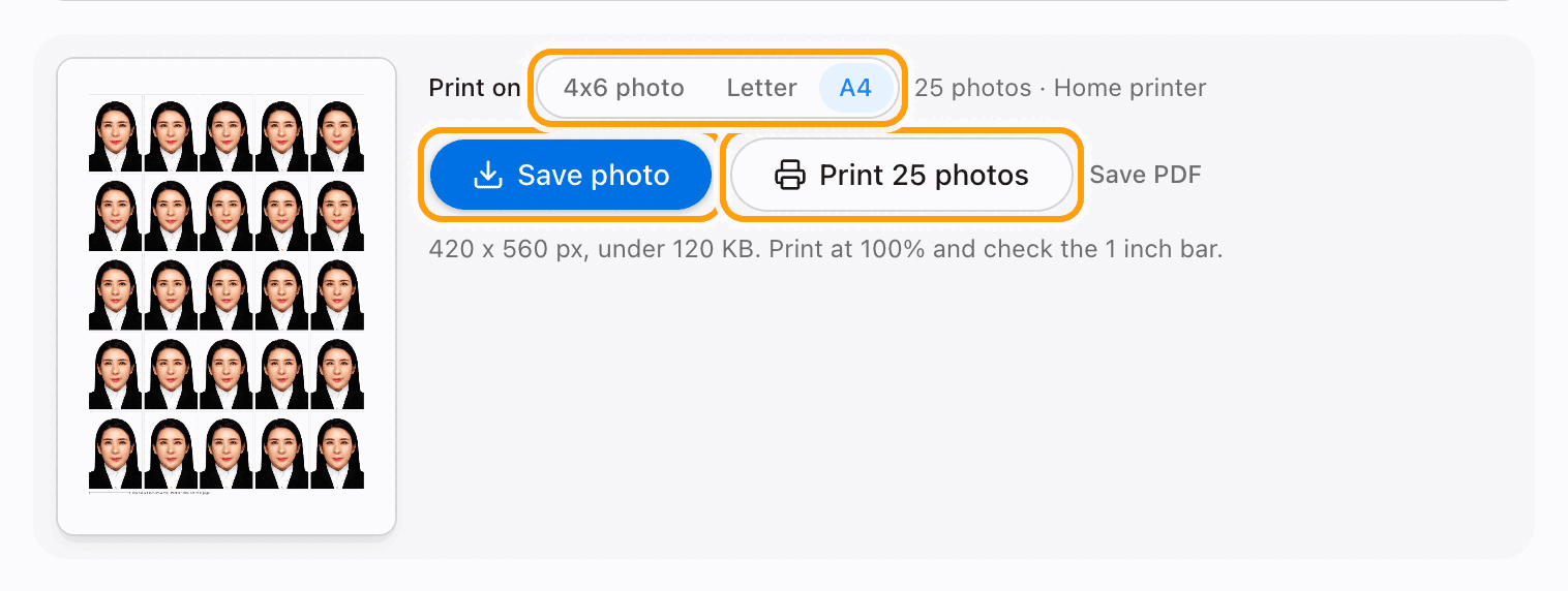 The Save photo and Print buttons highlighted, with the paper choices above them.