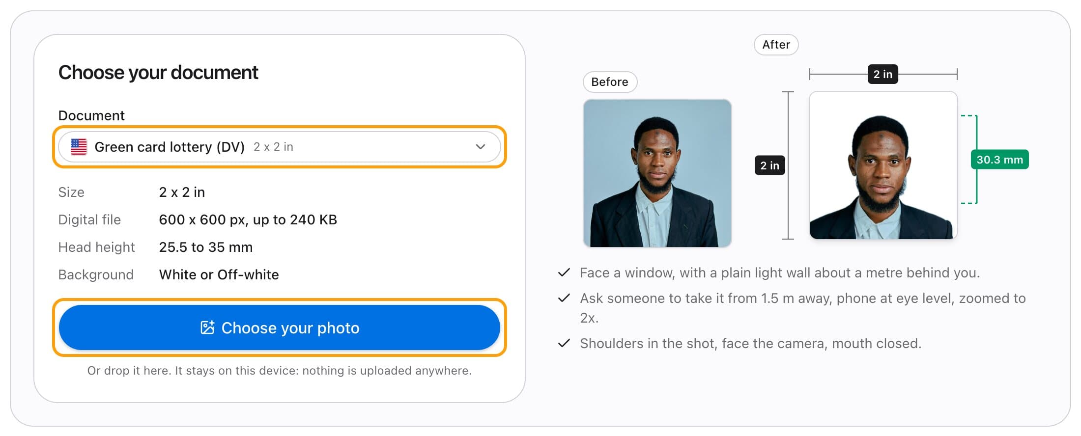 Choosing the Green card lottery (DV) document, with its size, head height and background listed and the Choose your photo button highlighted.