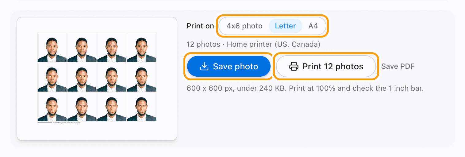 The Save photo and Print buttons highlighted, with the paper choices above them.
