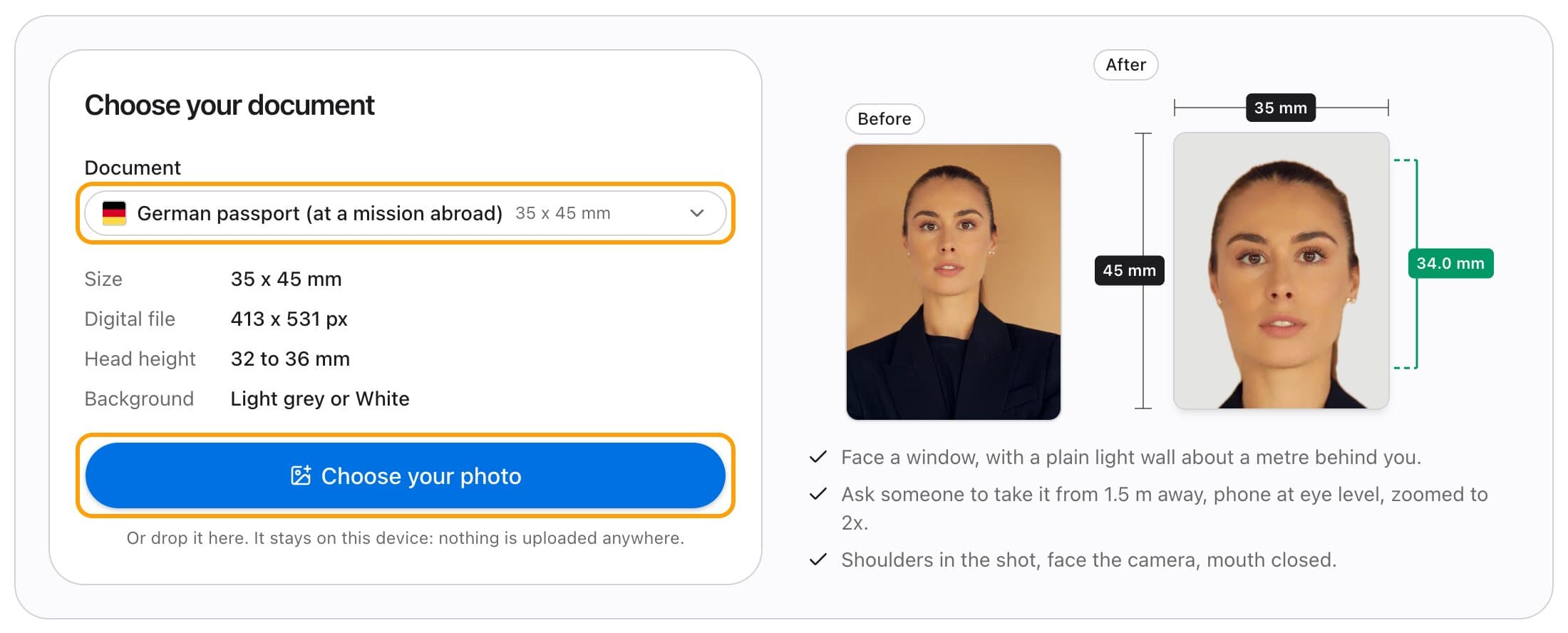 Choosing the German passport (at a mission abroad) document, with its size, head height and background listed and the Choose your photo button highlighted.