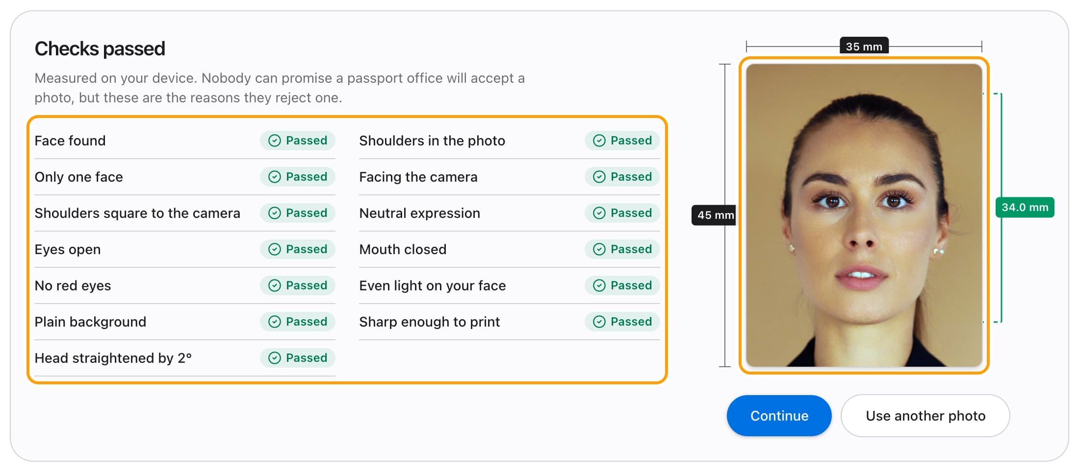 The checks screen for a German passport (at a mission abroad) photo, with each check passed and the photo measured in millimetres.