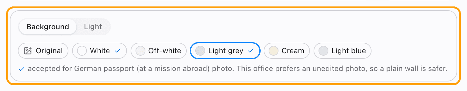 Studio light and the Background picker, with Light grey selected for a German passport (at a mission abroad) photo.