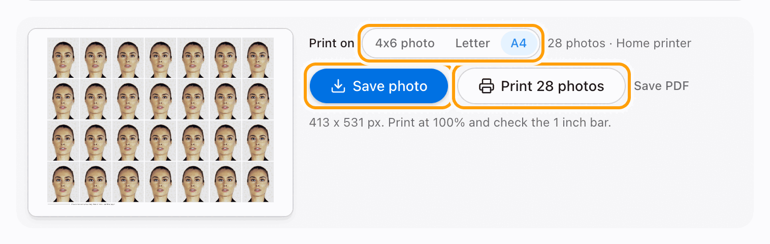 The Save photo and Print buttons highlighted, with the paper choices above them.