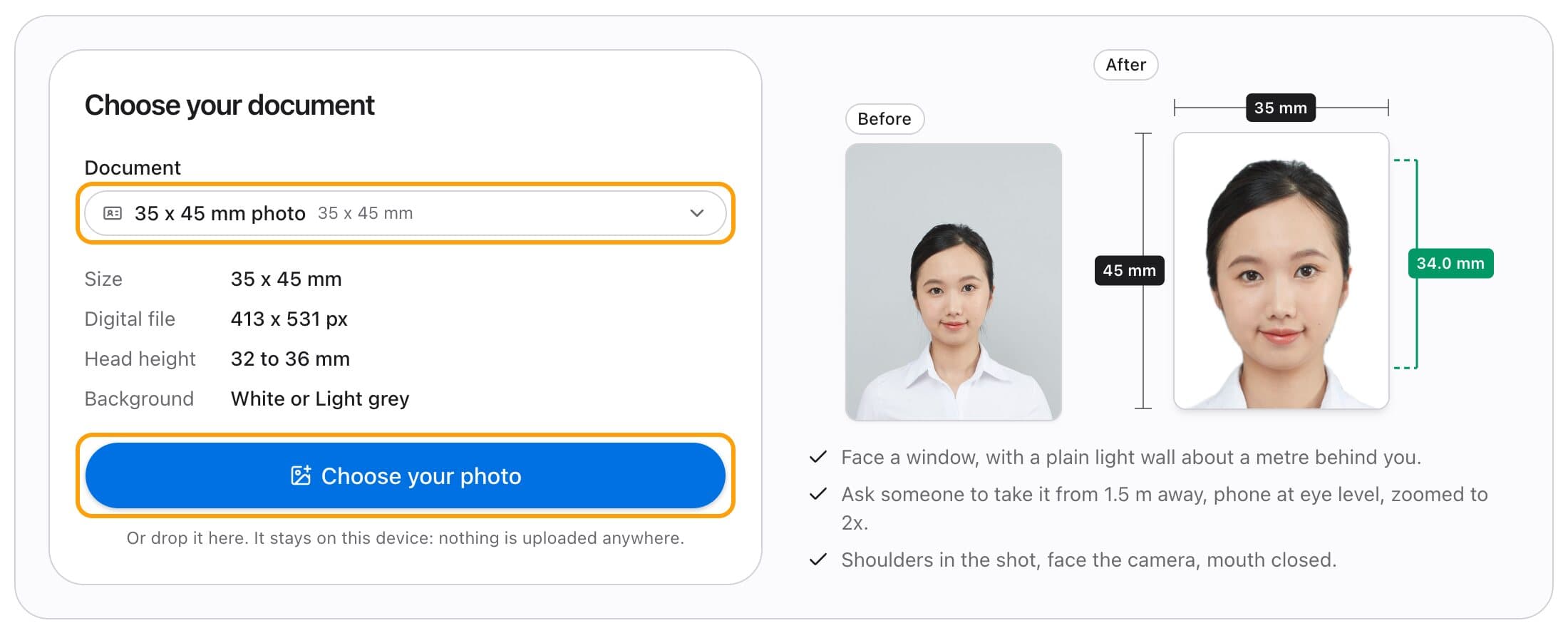 Choosing the 35 x 45 mm photo document, with its size, head height and background listed and the Choose your photo button highlighted.