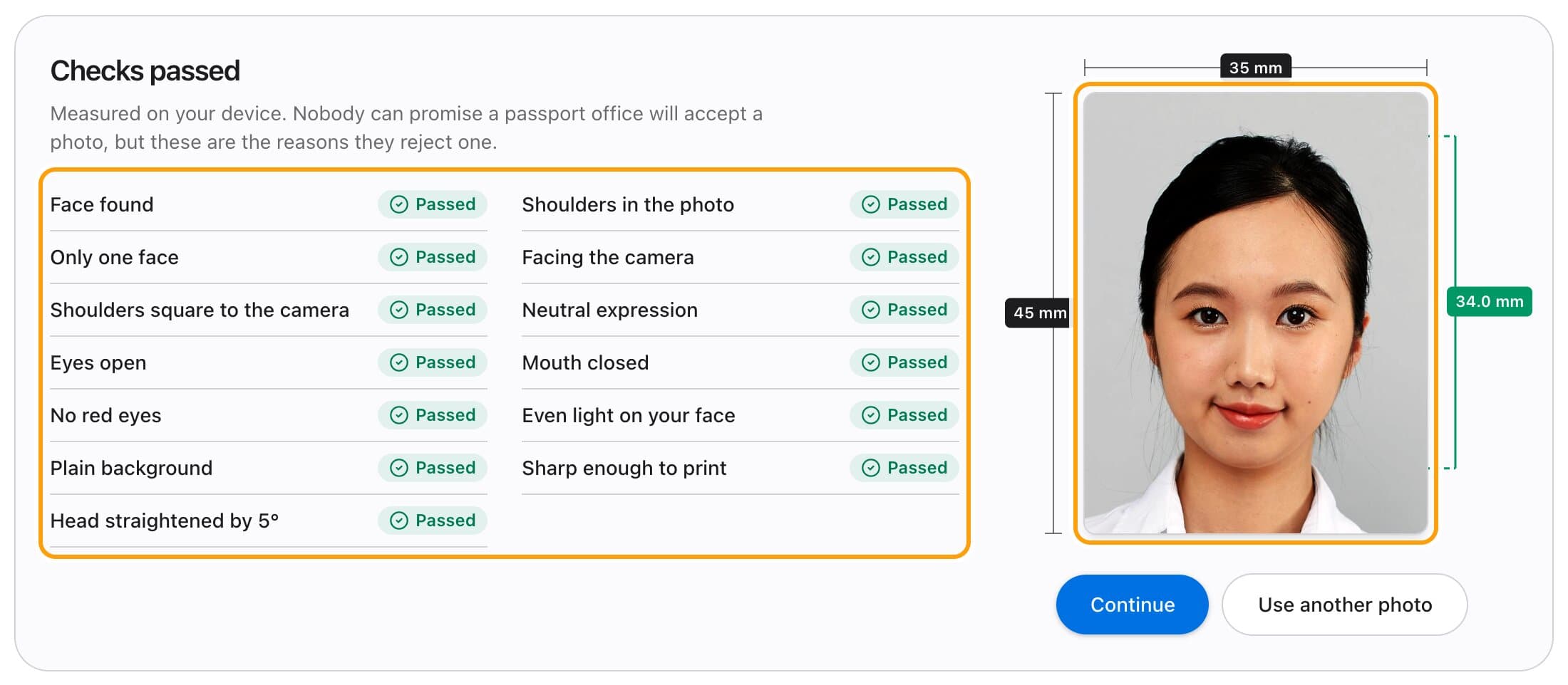 The checks screen for a 35 x 45 mm photo photo, with each check passed and the photo measured in millimetres.