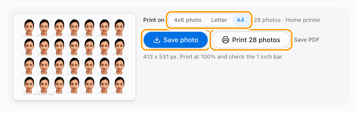 The Save photo and Print buttons highlighted, with the paper choices above them.