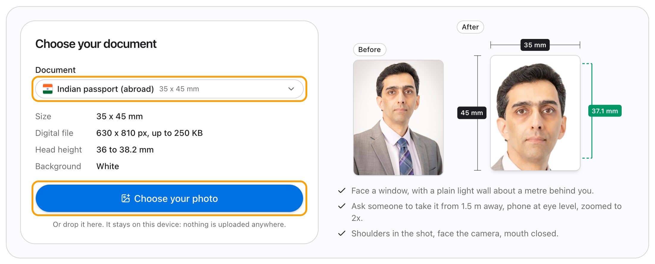 Choosing the Indian passport (abroad) document, with its size, head height and background listed and the Choose your photo button highlighted.