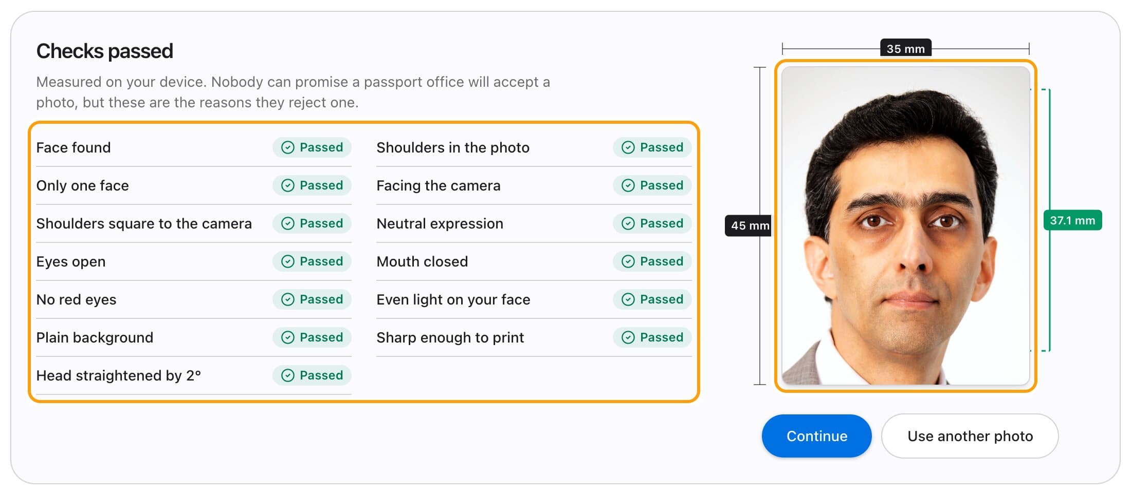 The checks screen for an Indian passport (abroad) photo, with each check passed and the photo measured in millimetres.