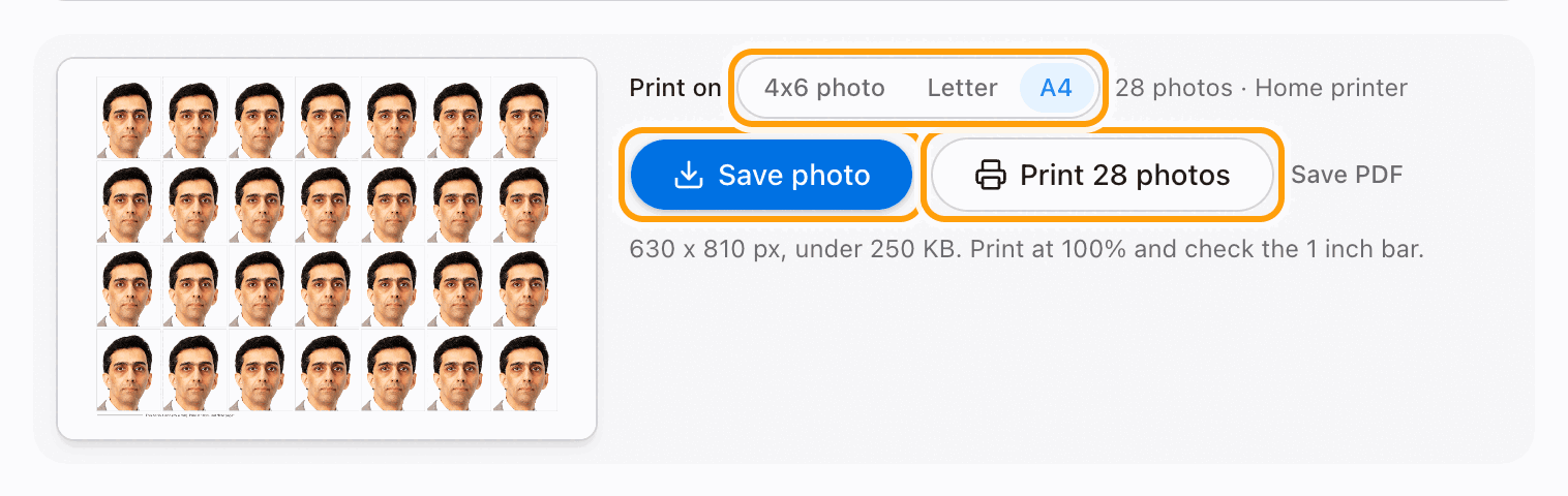 The Save photo and Print buttons highlighted, with the paper choices above them.