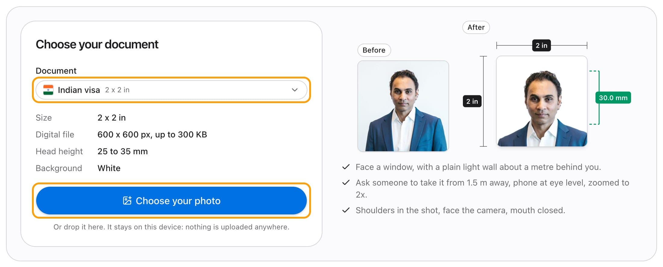 Choosing the Indian visa document, with its size, head height and background listed and the Choose your photo button highlighted.