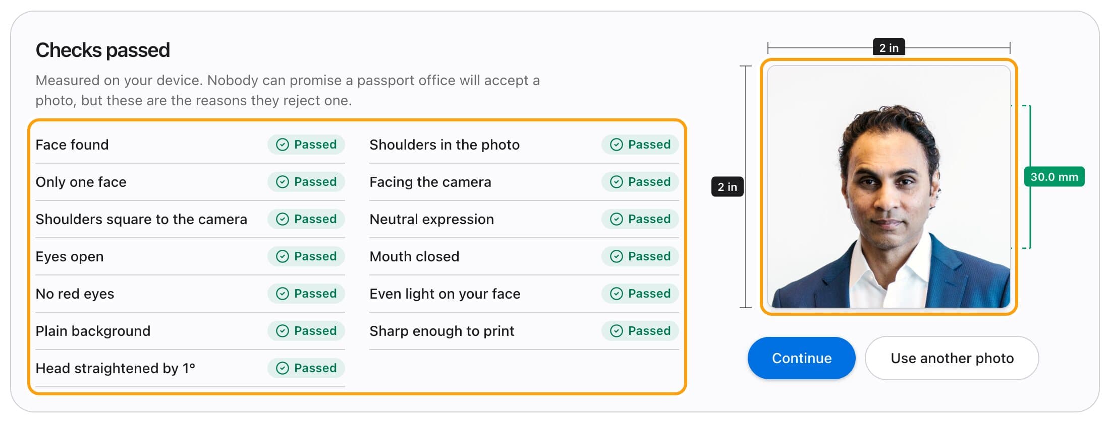 The checks screen for an Indian visa photo, with each check passed and the photo measured in millimetres.