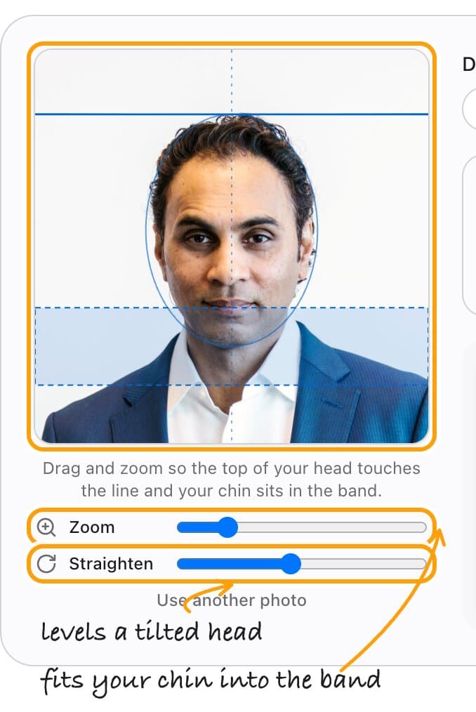 The 2 x 2 inch Indian visa frame with its guides, and the Zoom and Straighten sliders highlighted.
