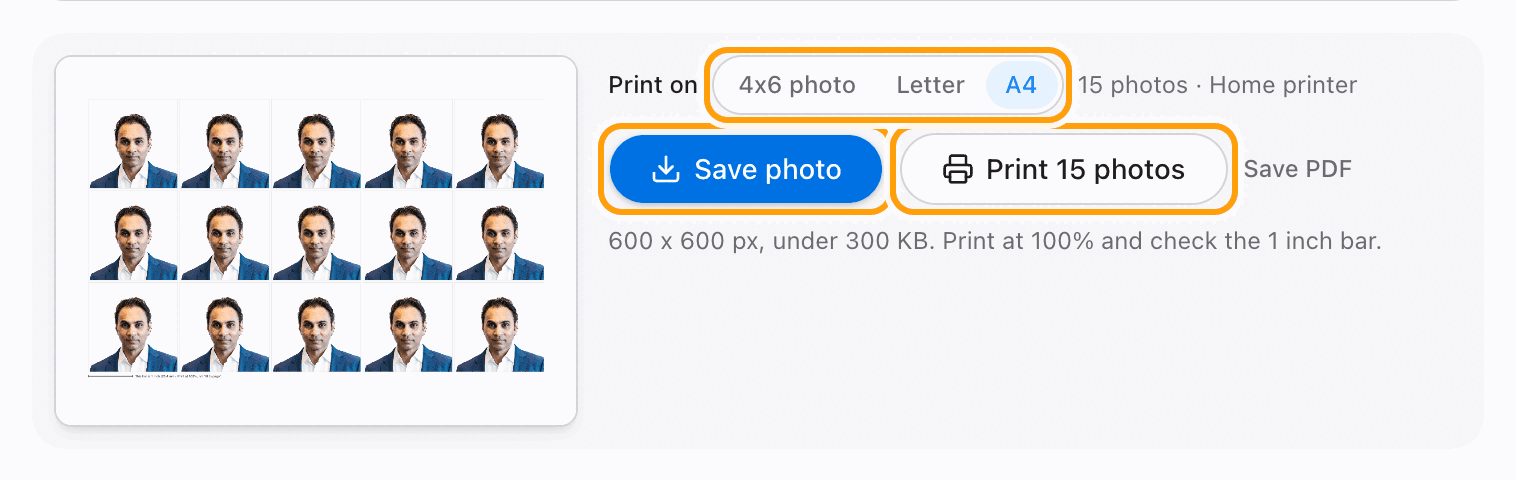 The Save photo and Print buttons highlighted, with the paper choices above them.