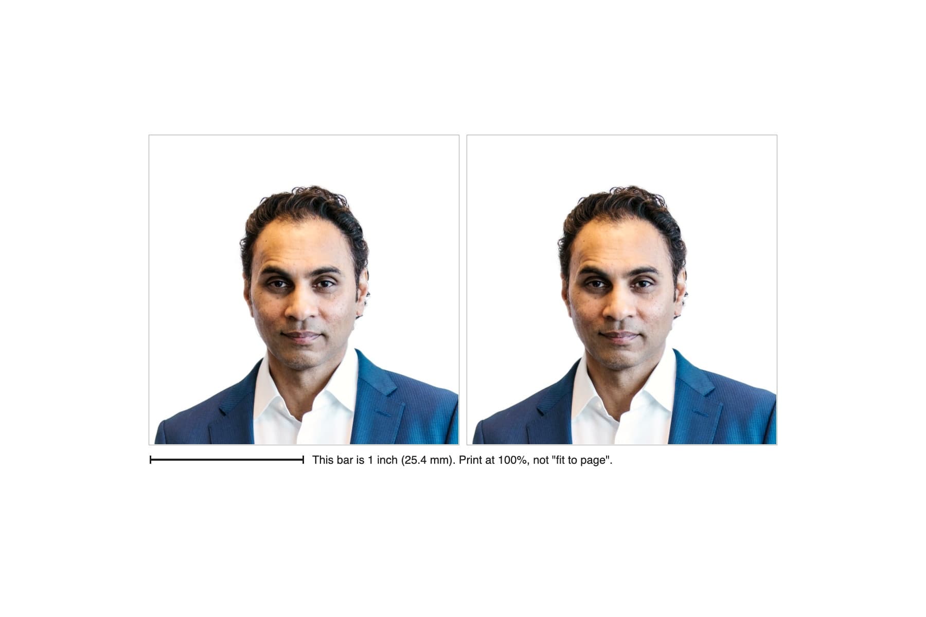 A 4x6 inch print sheet with 2 Indian visa photos, cut marks and a 1 inch check bar.