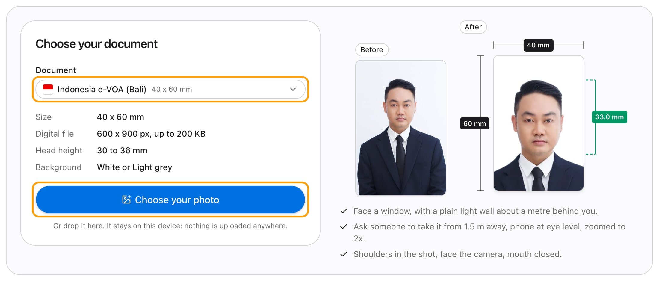 Choosing the Indonesia e-VOA (Bali) document, with its size, head height and background listed and the Choose your photo button highlighted.