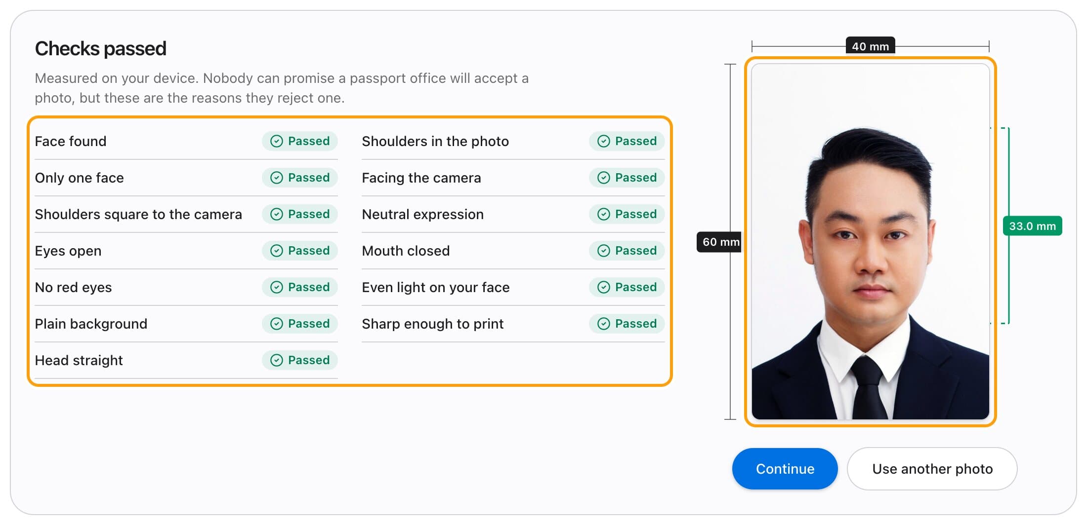 The checks screen for an Indonesia e-VOA (Bali) photo, with each check passed and the photo measured in millimetres.