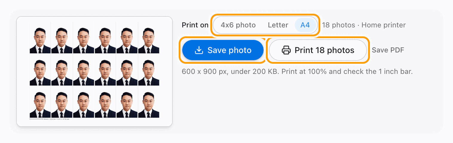 The Save photo and Print buttons highlighted, with the paper choices above them.