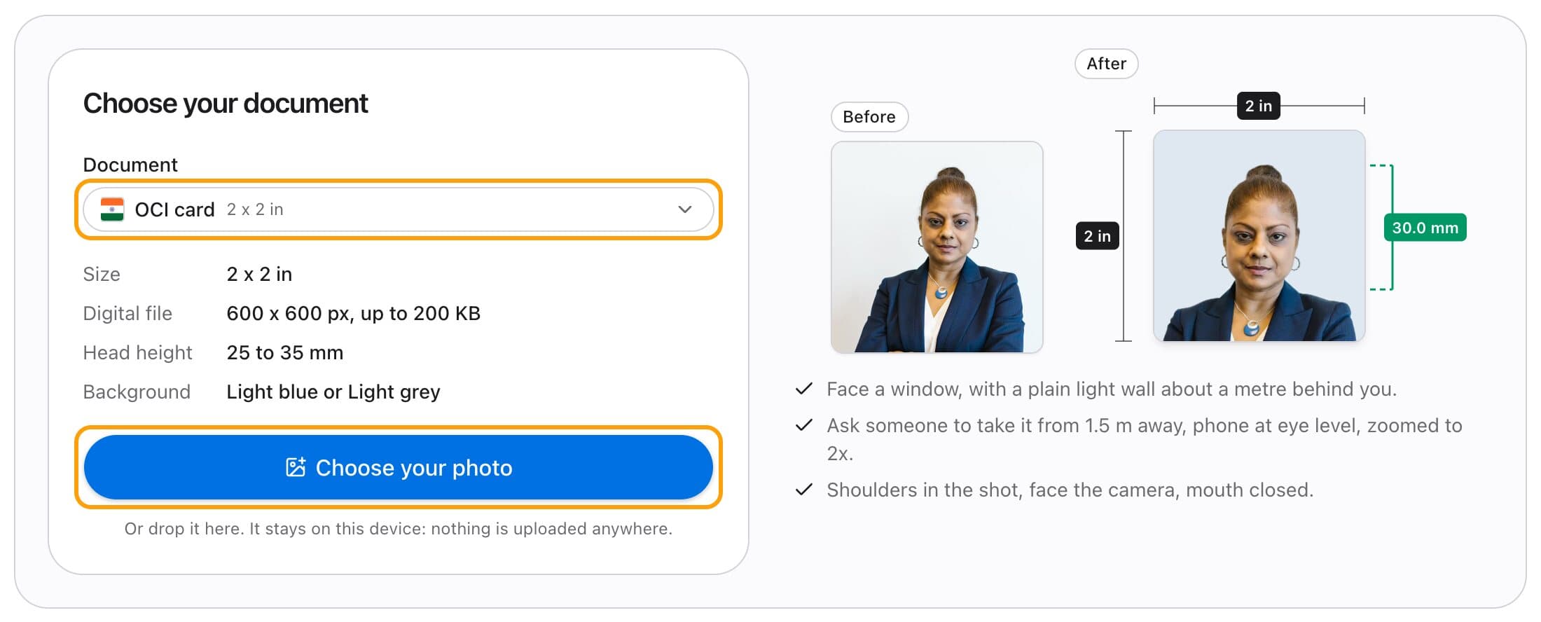 Choosing the OCI card document, with its size, head height and background listed and the Choose your photo button highlighted.