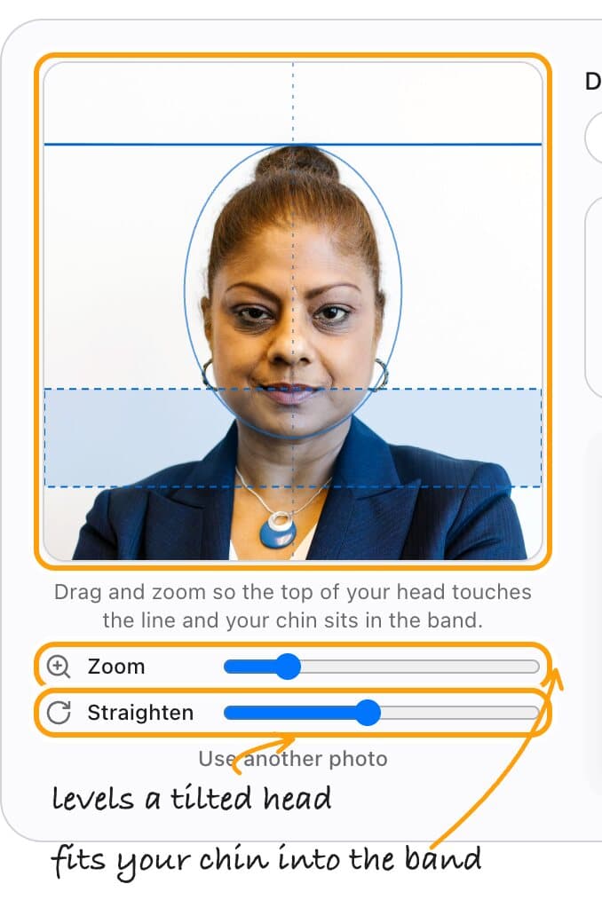 The 2 x 2 inch OCI card frame with its guides, and the Zoom and Straighten sliders highlighted.