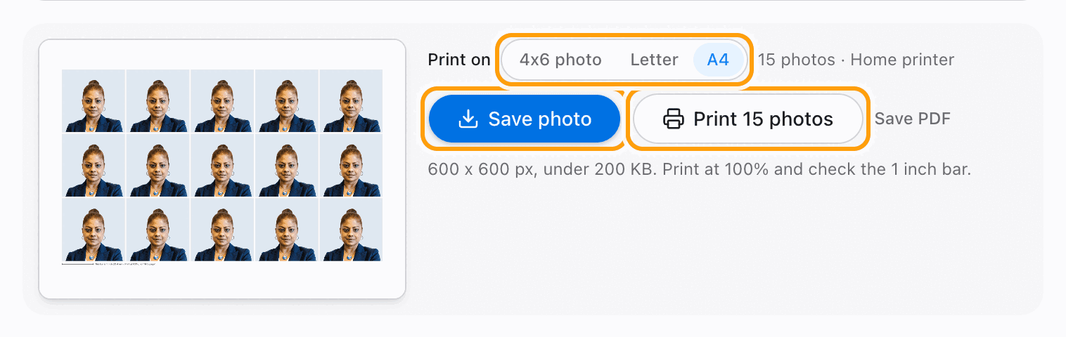 The Save photo and Print buttons highlighted, with the paper choices above them.