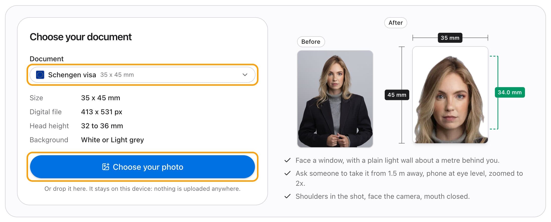 Choosing the Schengen visa document, with its size, head height and background listed and the Choose your photo button highlighted.