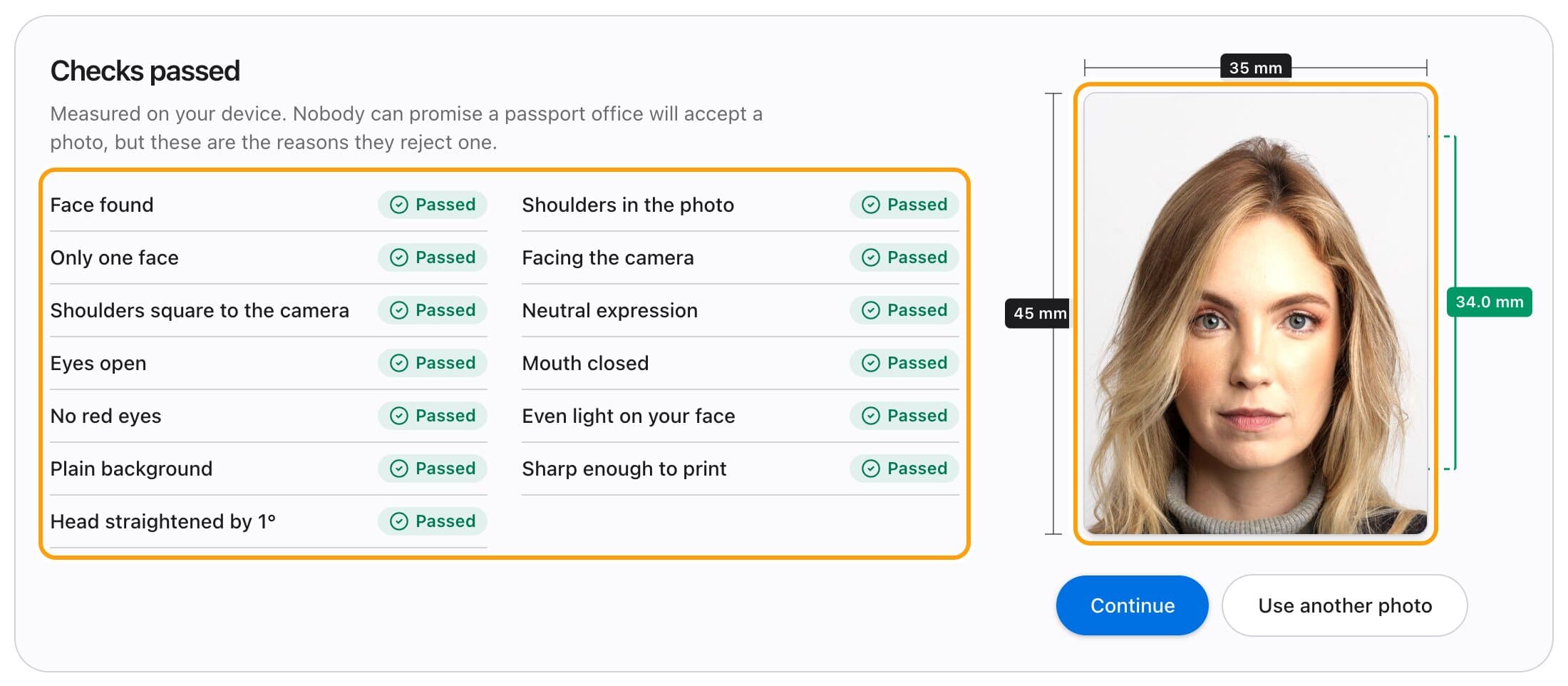 The checks screen for a Schengen visa photo, with each check passed and the photo measured in millimetres.