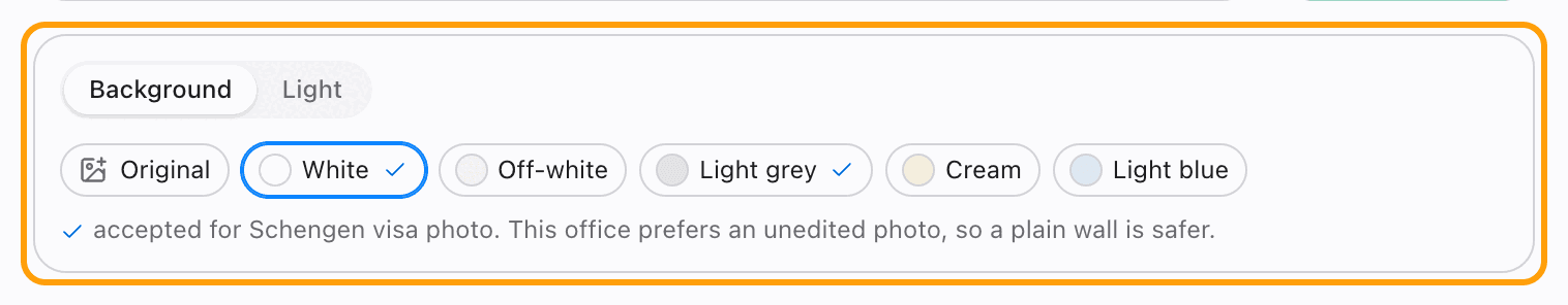 Studio light and the Background picker, with White selected for a Schengen visa photo.