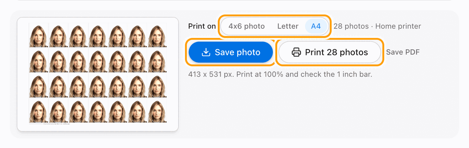 The Save photo and Print buttons highlighted, with the paper choices above them.