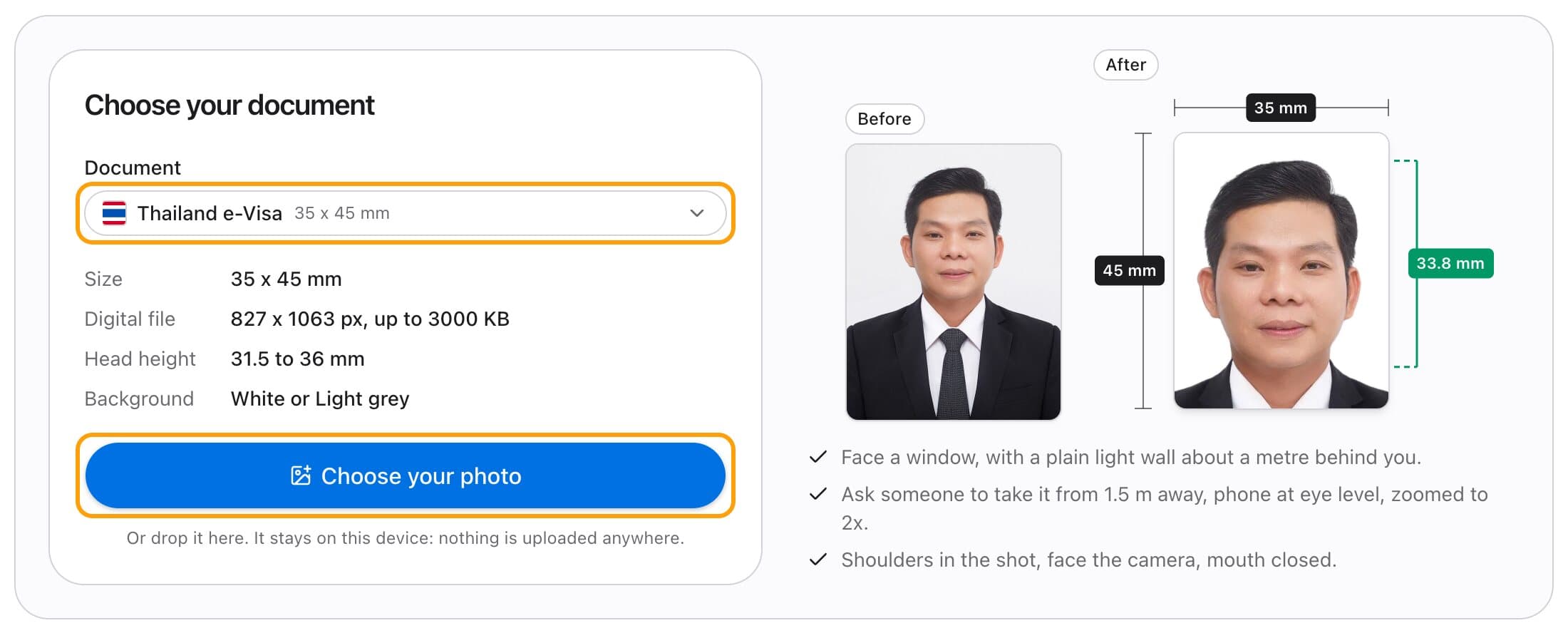 Choosing the Thailand e-Visa document, with its size, head height and background listed and the Choose your photo button highlighted.