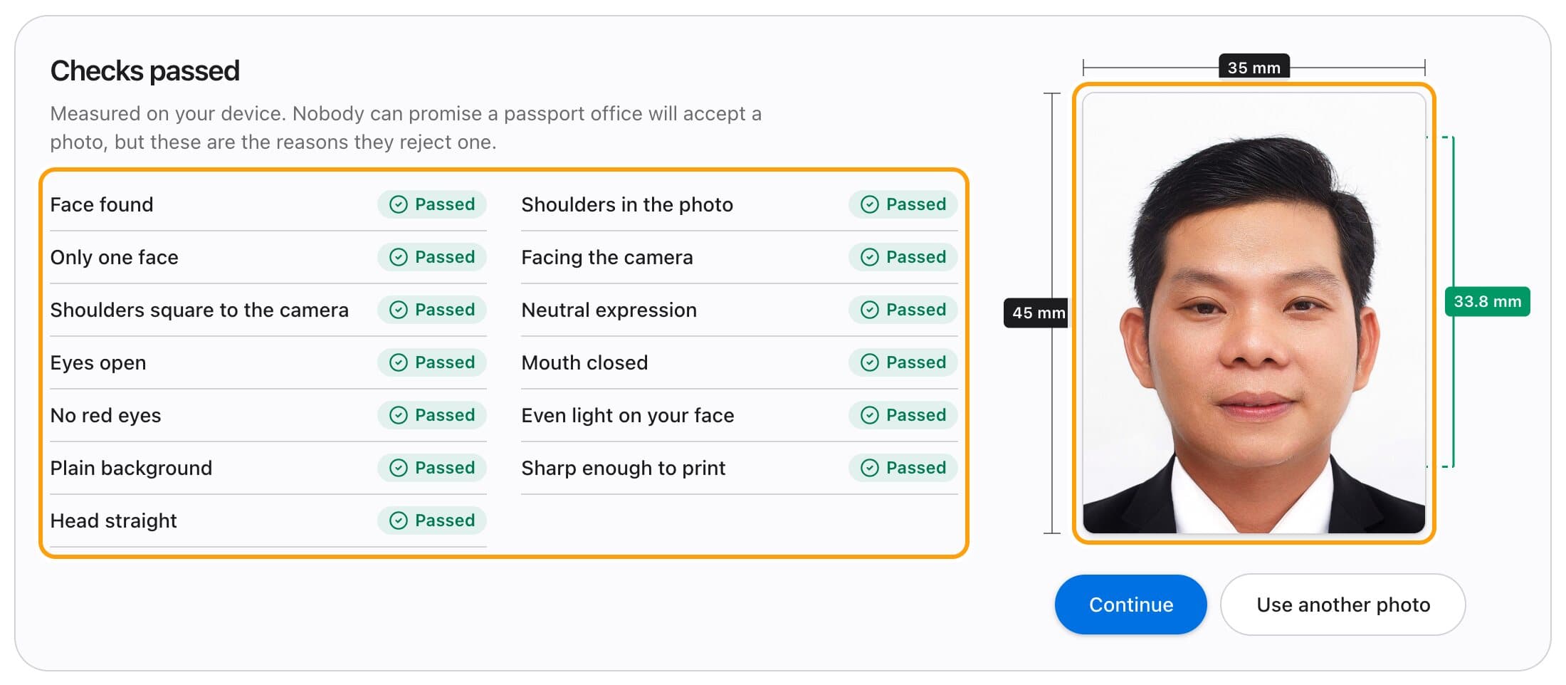 The checks screen for a Thailand e-Visa photo, with each check passed and the photo measured in millimetres.