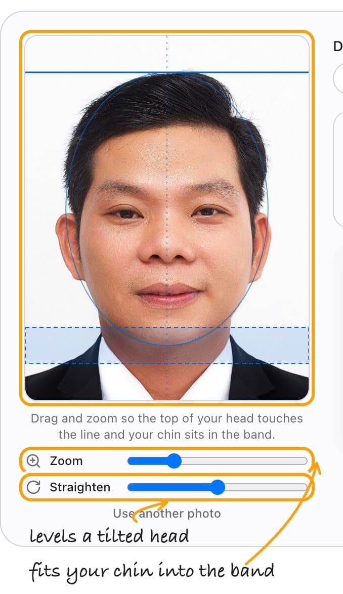 The 35 x 45 mm Thailand e-Visa frame with its guides, and the Zoom and Straighten sliders highlighted.
