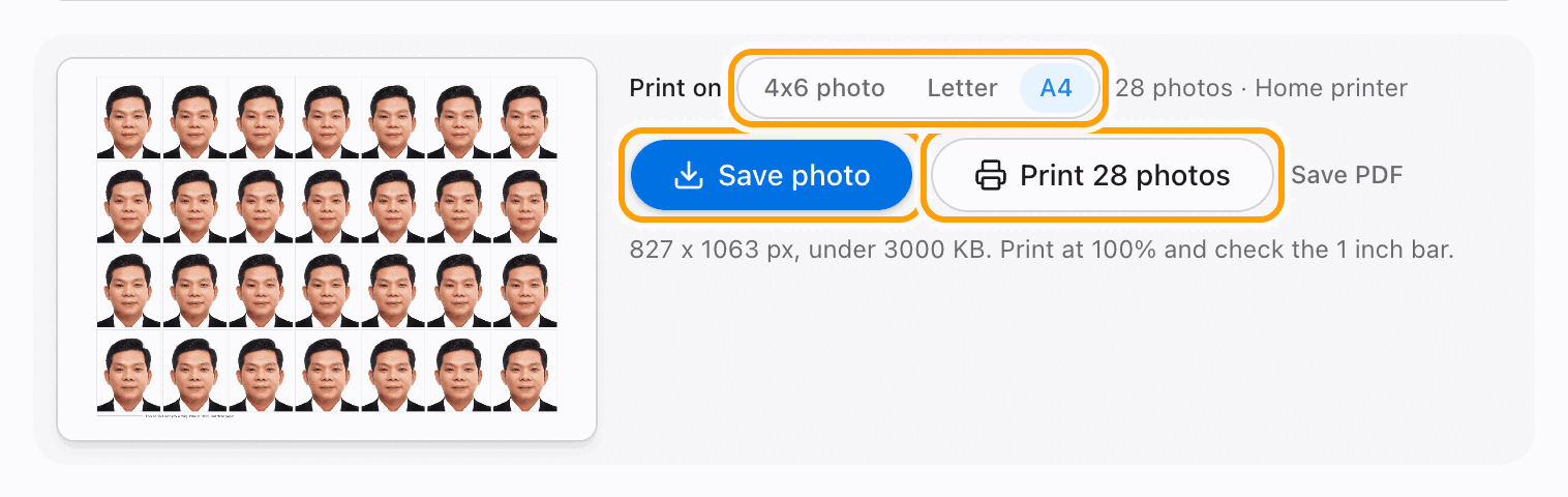 The Save photo and Print buttons highlighted, with the paper choices above them.
