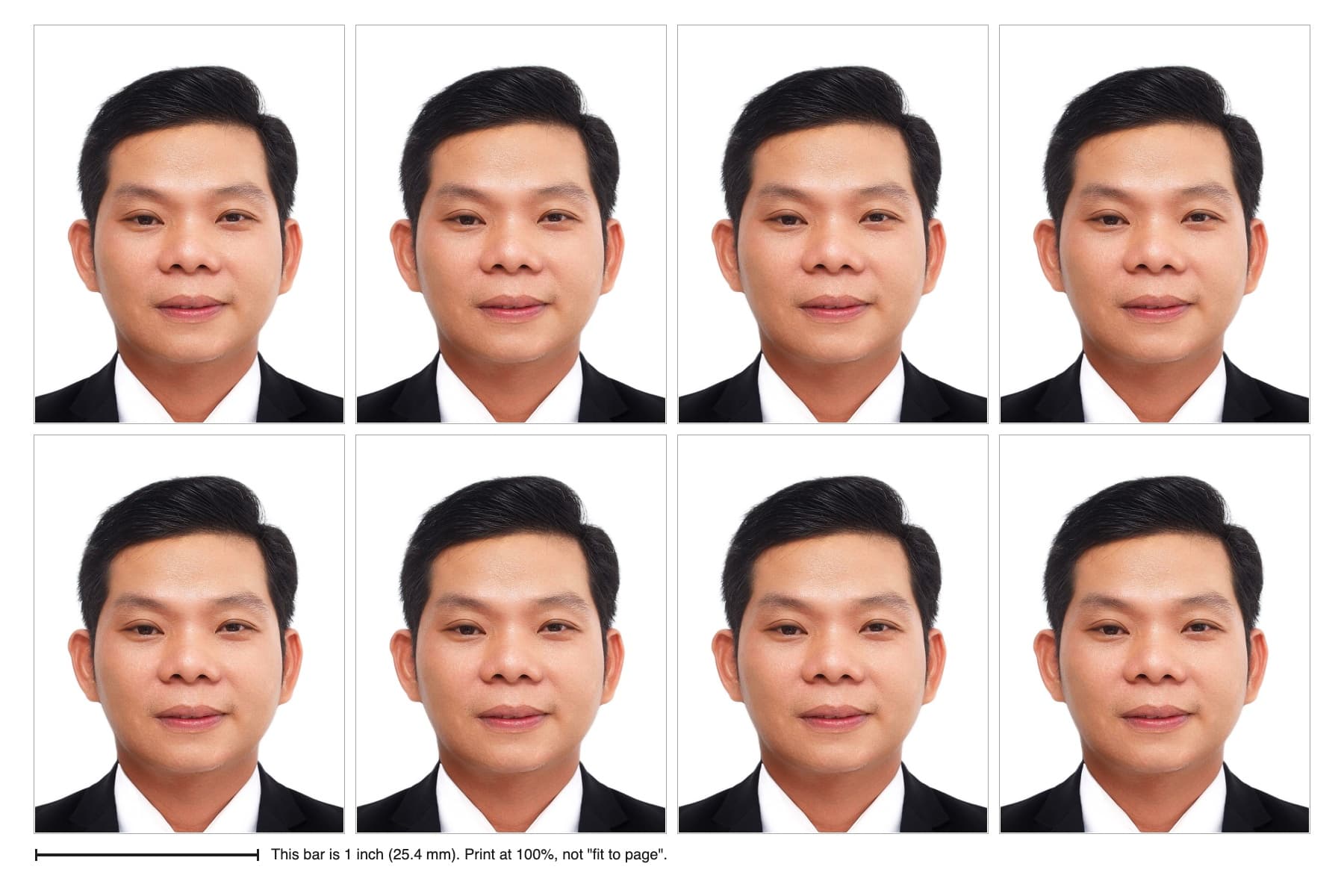 A 4x6 inch print sheet with 8 Thailand e-Visa photos, cut marks and a 1 inch check bar.