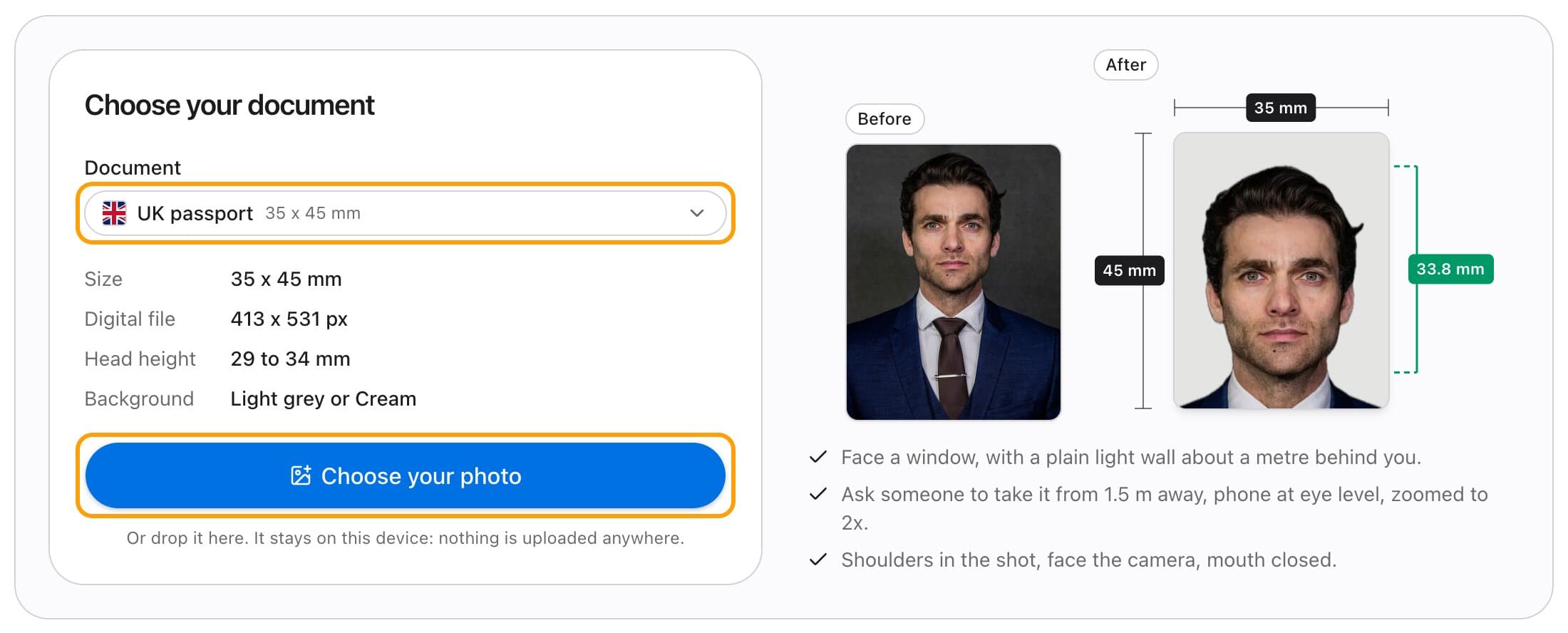 Choosing the UK passport document, with its size, head height and background listed and the Choose your photo button highlighted.