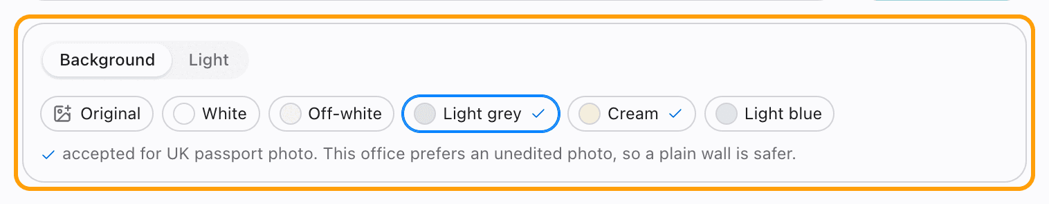 Studio light and the Background picker, with Light grey selected for a UK passport photo.