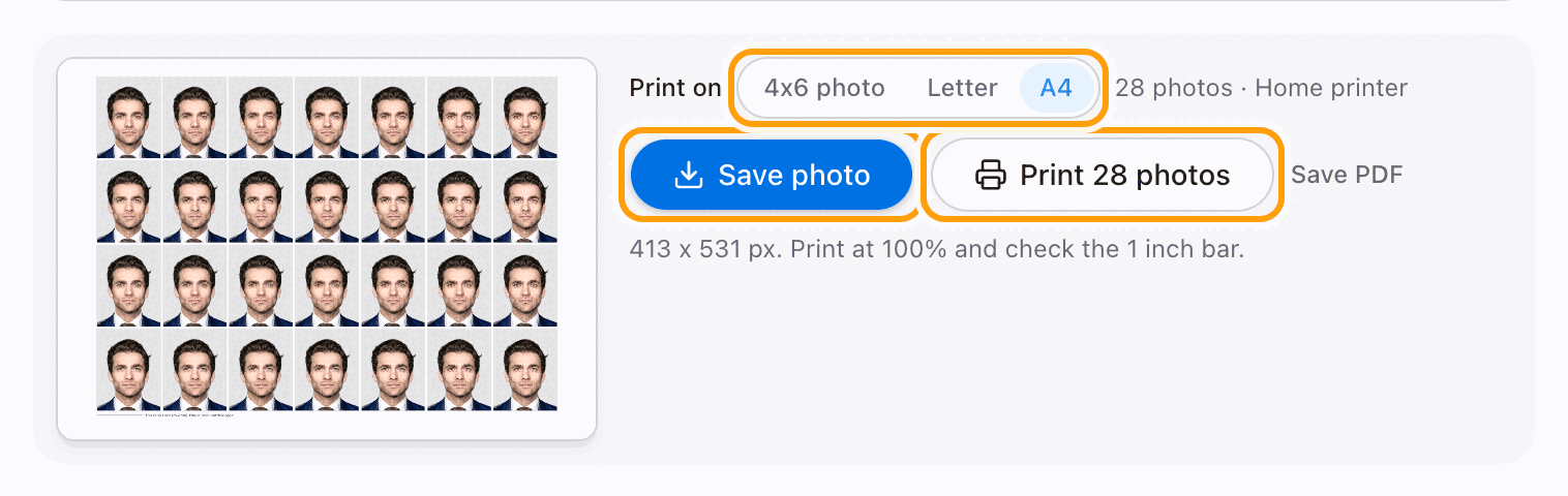 The Save photo and Print buttons highlighted, with the paper choices above them.