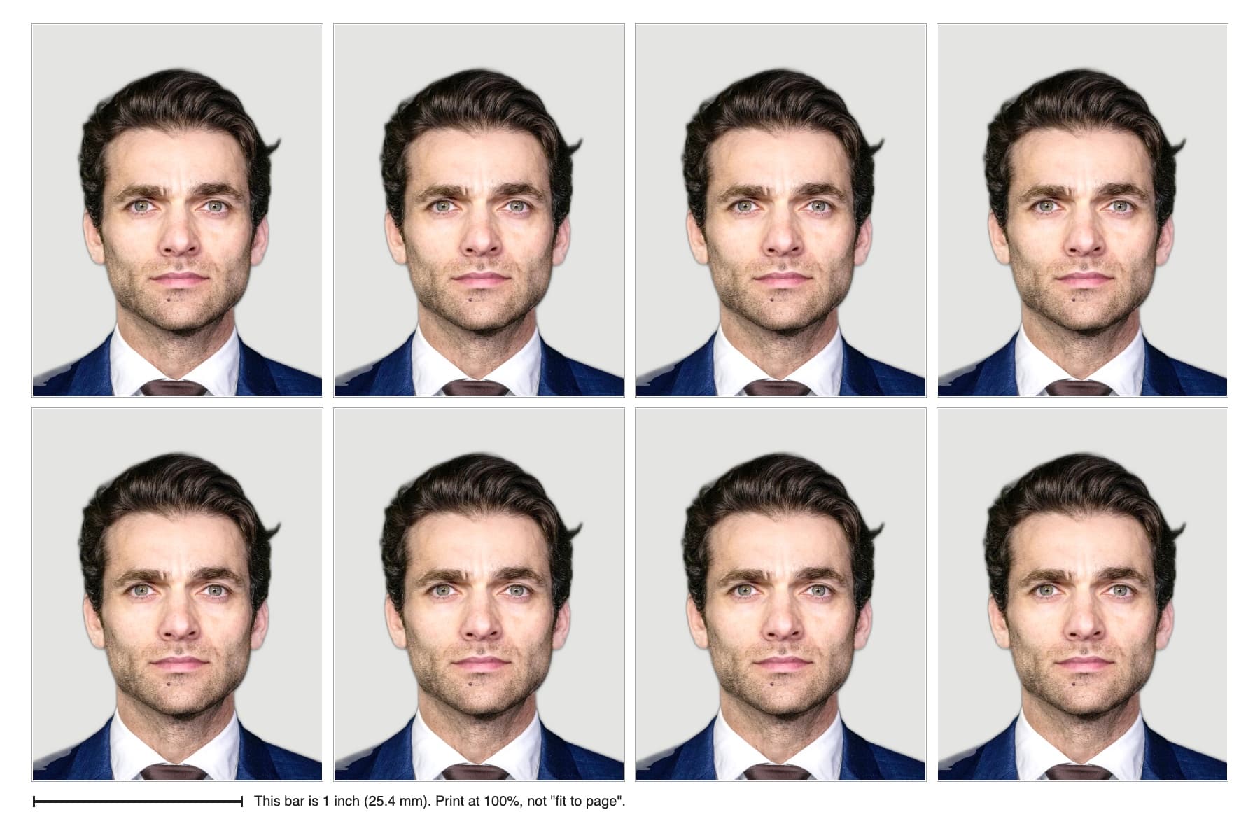 A 4x6 inch print sheet with 8 UK passport photos, cut marks and a 1 inch check bar.