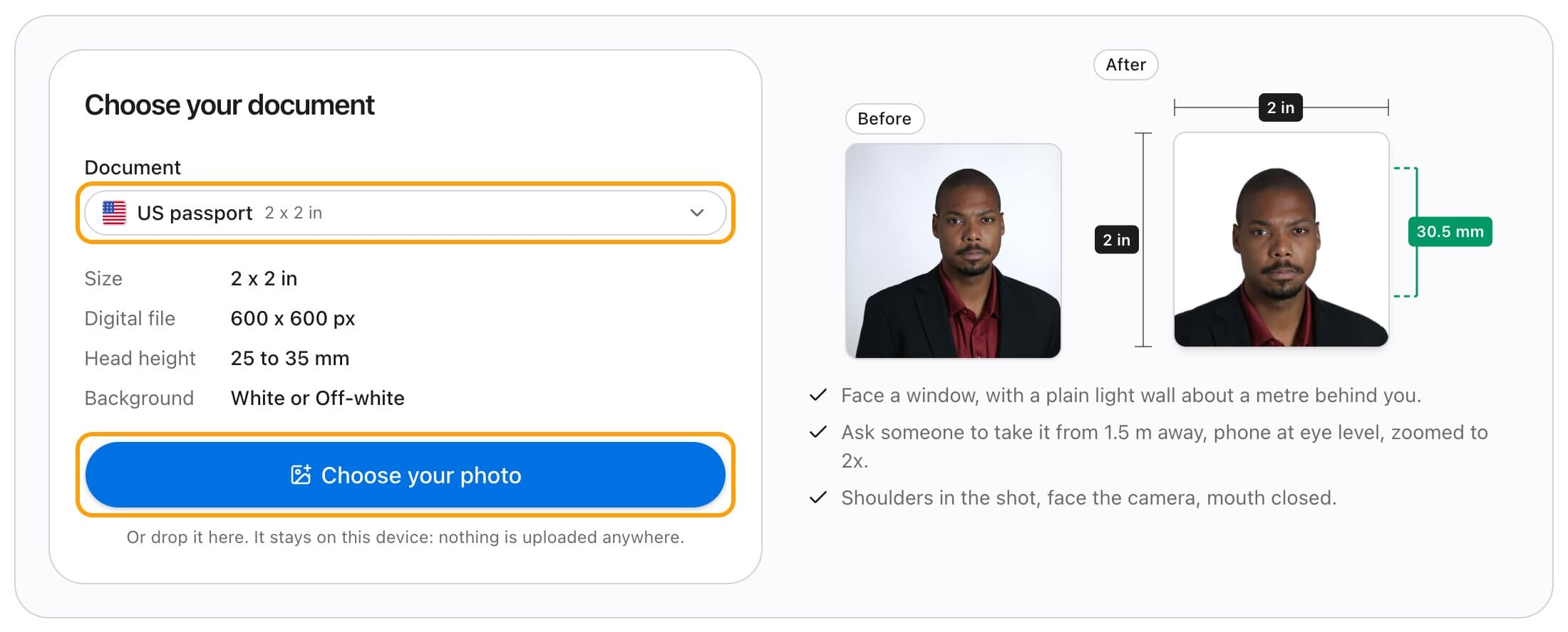 Choosing the US passport document, with its size, head height and background listed and the Choose your photo button highlighted.