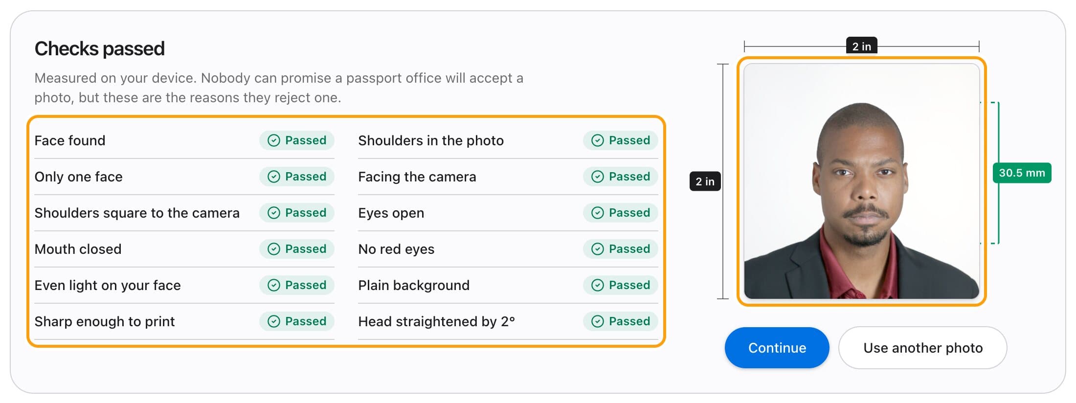 The checks screen for a US passport photo, with each check passed and the photo measured in millimetres.
