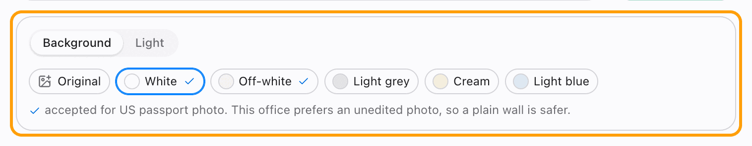 Studio light and the Background picker, with White selected for a US passport photo.
