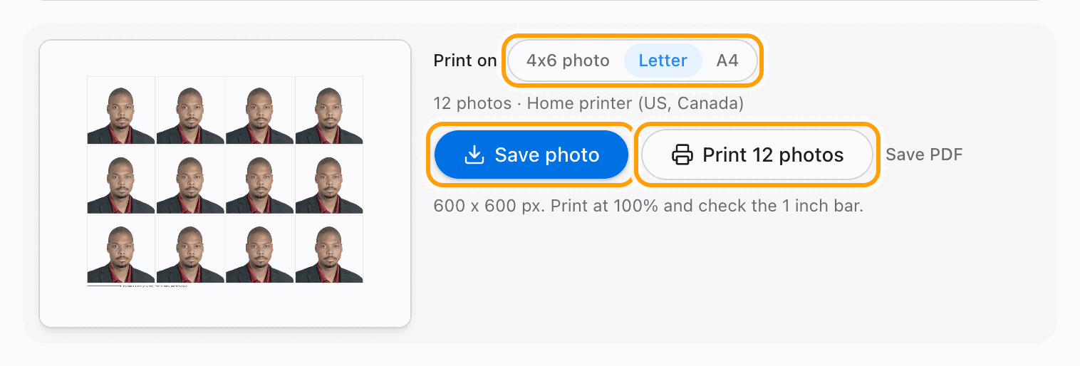 The Save photo and Print buttons highlighted, with the paper choices above them.