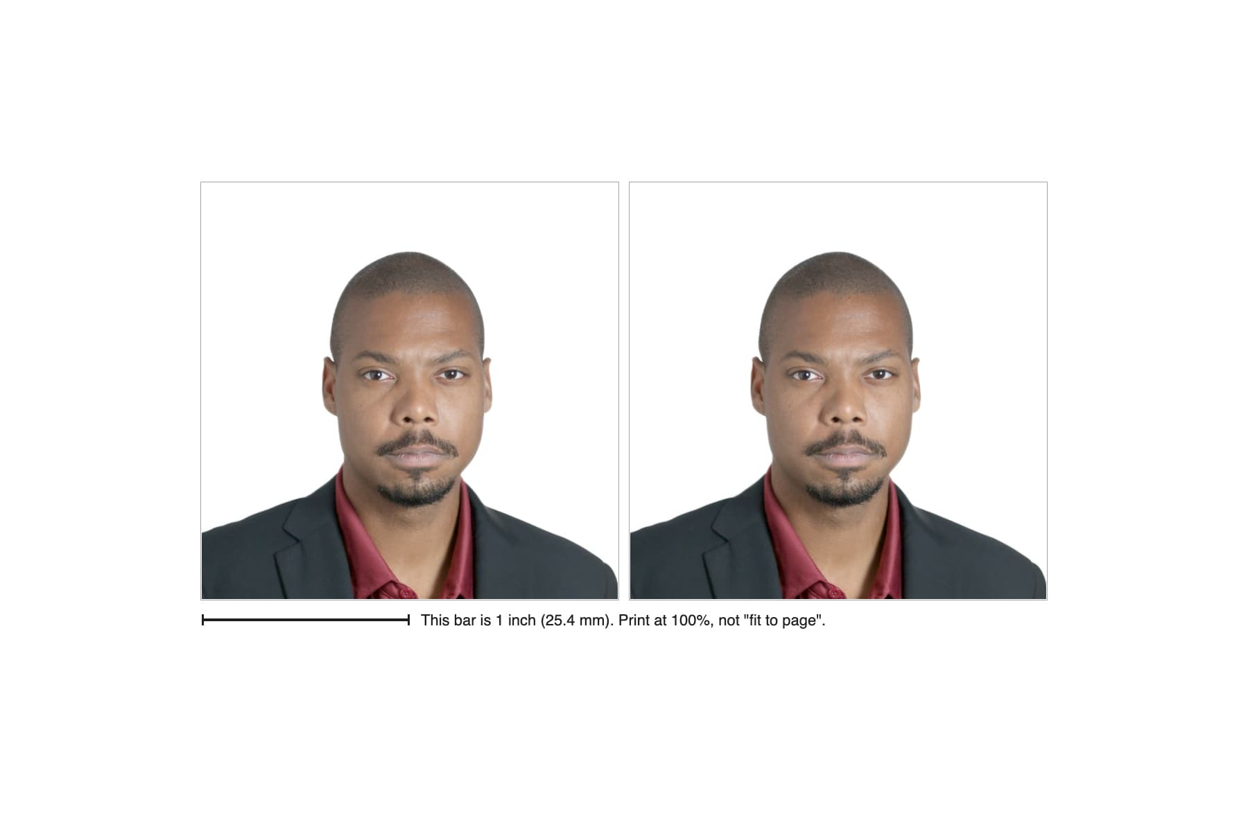 A 4x6 inch print sheet with 2 US passport photos, cut marks and a 1 inch check bar.