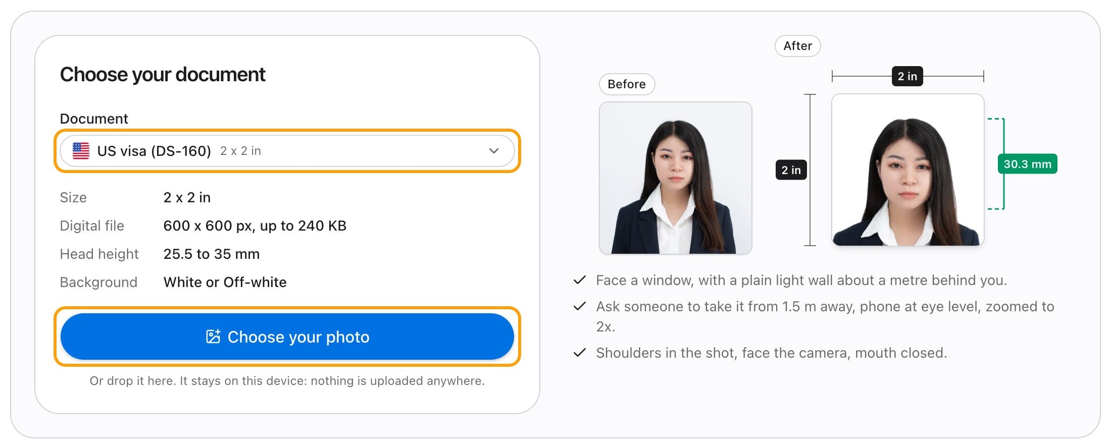 Choosing the US visa (DS-160) document, with its size, head height and background listed and the Choose your photo button highlighted.