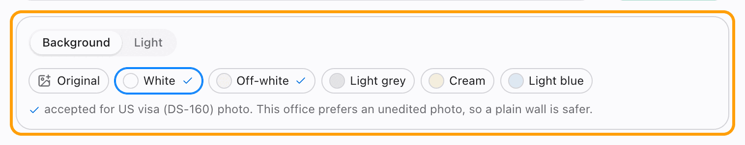 Studio light and the Background picker, with White selected for a US visa (DS-160) photo.