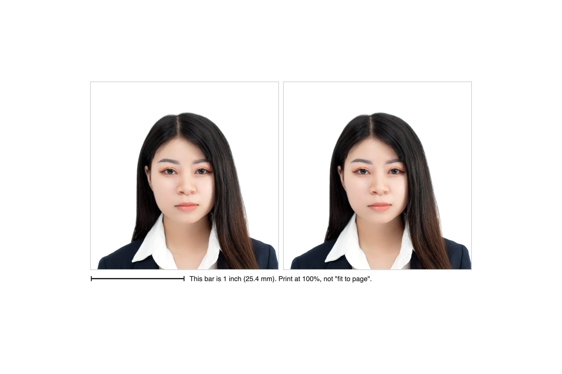 A 4x6 inch print sheet with 2 US visa (DS-160) photos, cut marks and a 1 inch check bar.